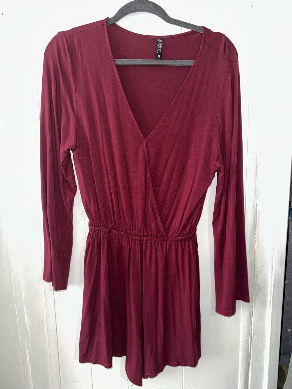Women's Burgundy V-Neck Long Sleeve Romper